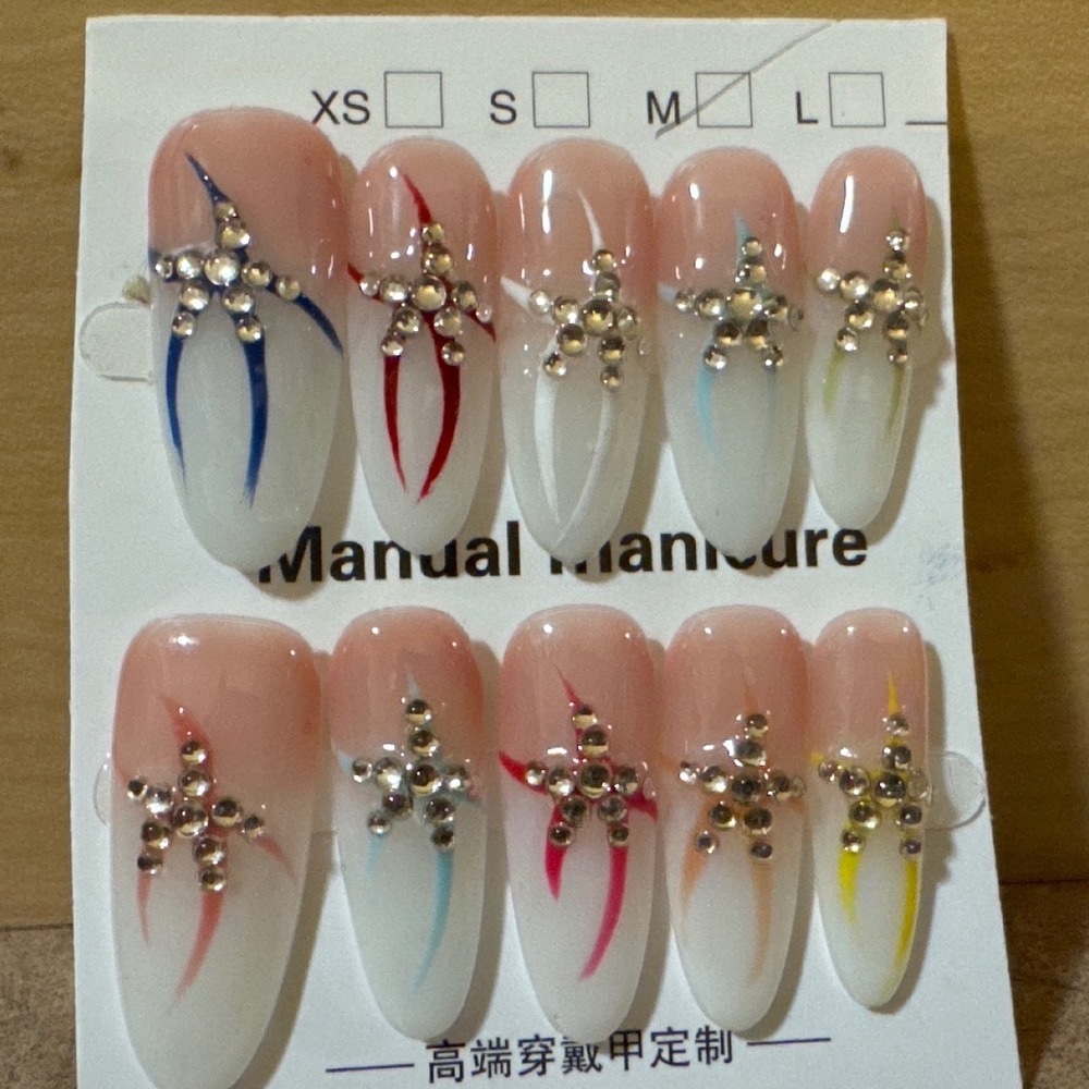 Rhinestone Star Almond Press On Nails French Tip Colorful Abstract Manicure Set